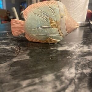 Vintage 1980s Teakwood Tropical Fish Sculture Figurine Pastel